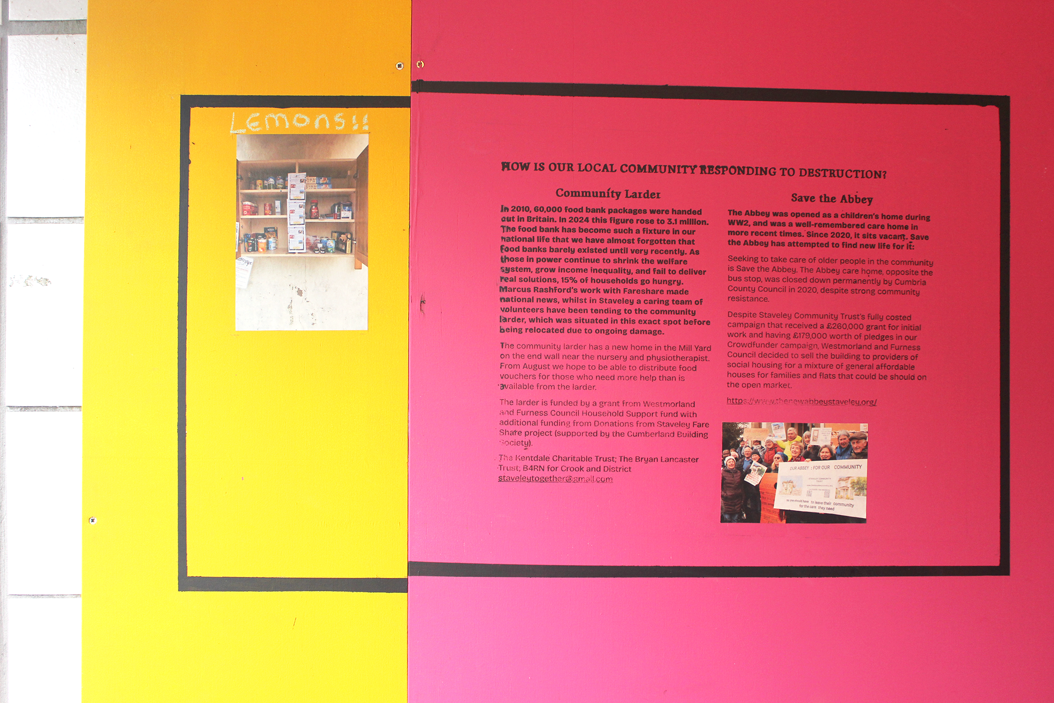 pink and yello partitions joined with text about community larder