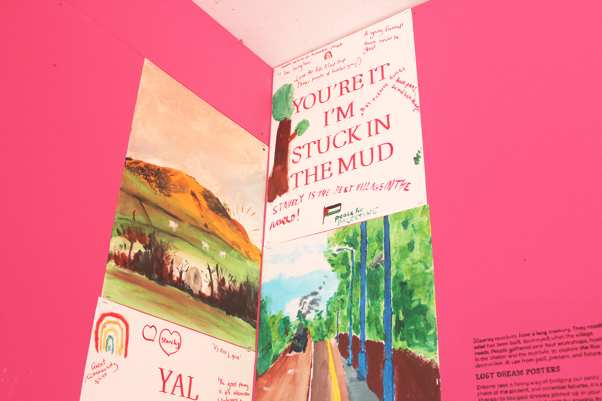 canvas paintings in a pink corner with the words 'you're it I'm stuck in the mud'