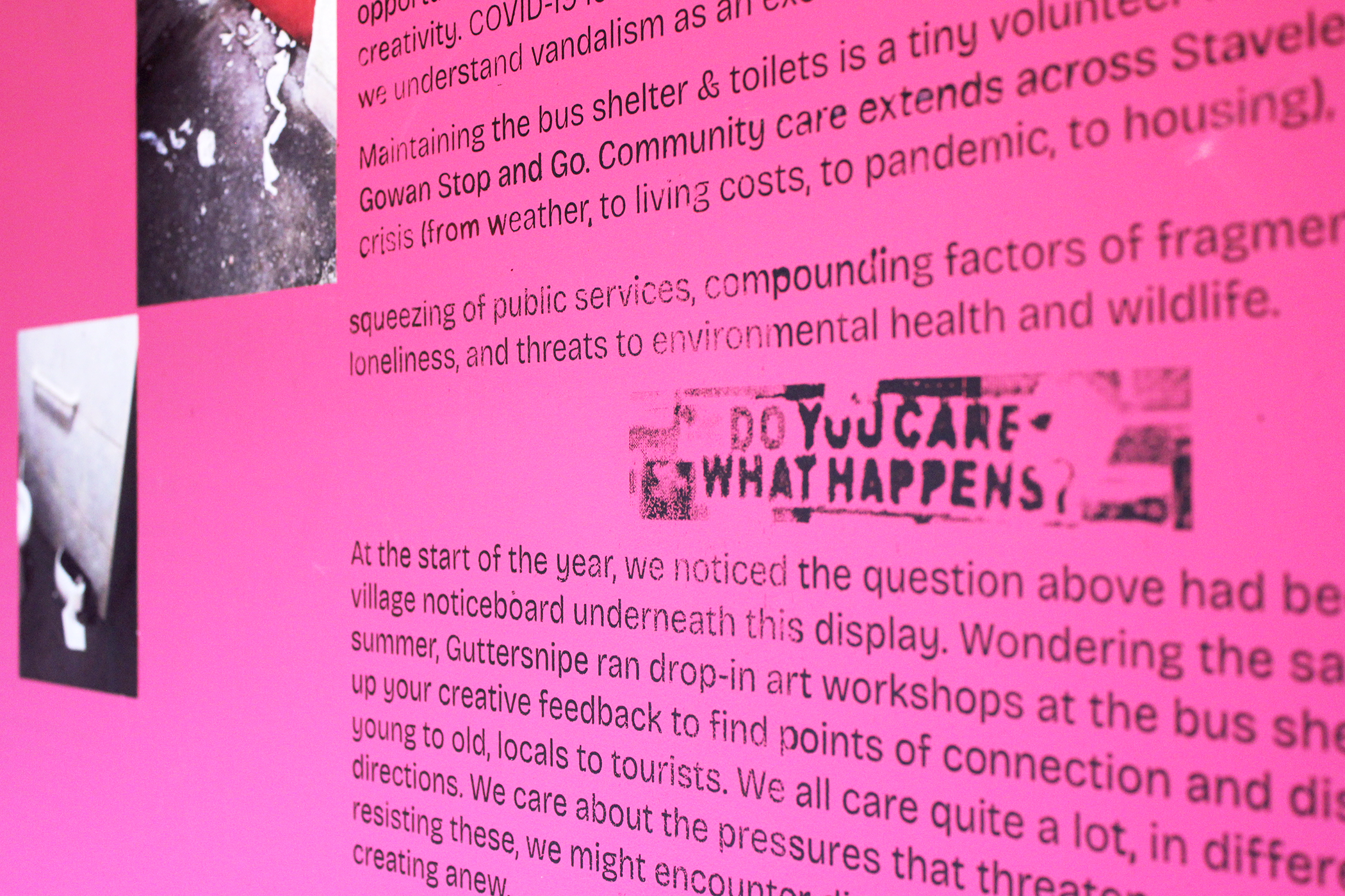 pink wall with the words 'do you care what happens?'