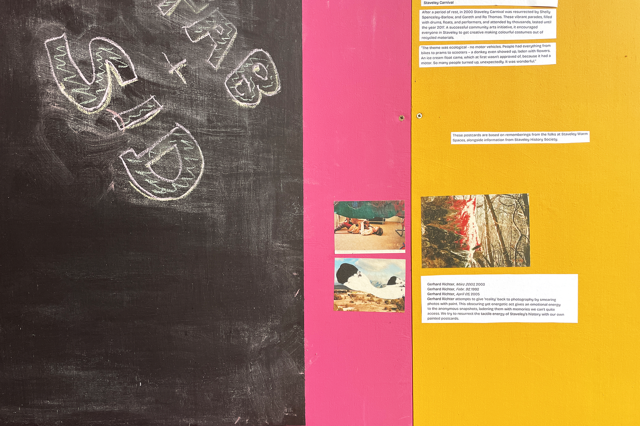 close up in pink and yellow with chalk-tagged blackboard and images of Gerhard Richter's overpainted photographs